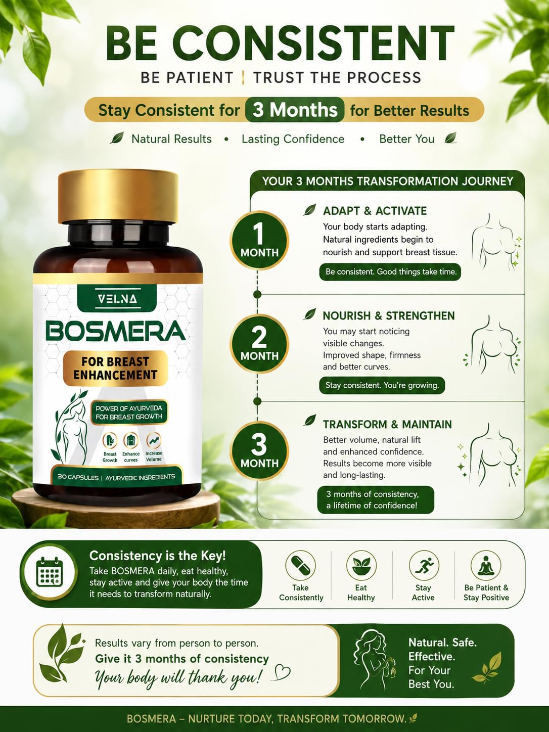 VELNA Bosmera Ayurvedic Women Wellness Capsules for Breast Growth with Shatavari & Fenugreek | Herbal Supplement for Natural Curves, Firmness & Confidence | 30 Capsules