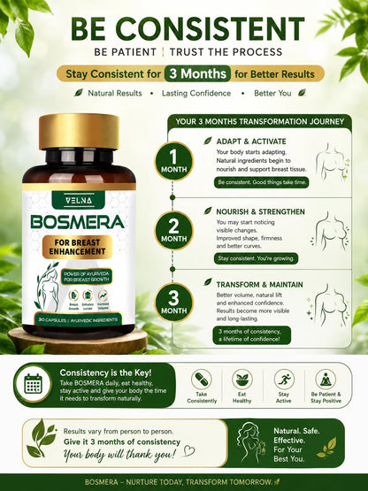 VELNA Bosmera Ayurvedic Women Wellness Capsules for Breast Growth with Shatavari & Fenugreek | Herbal Supplement for Natural Curves, Firmness & Confidence | 30 Capsules