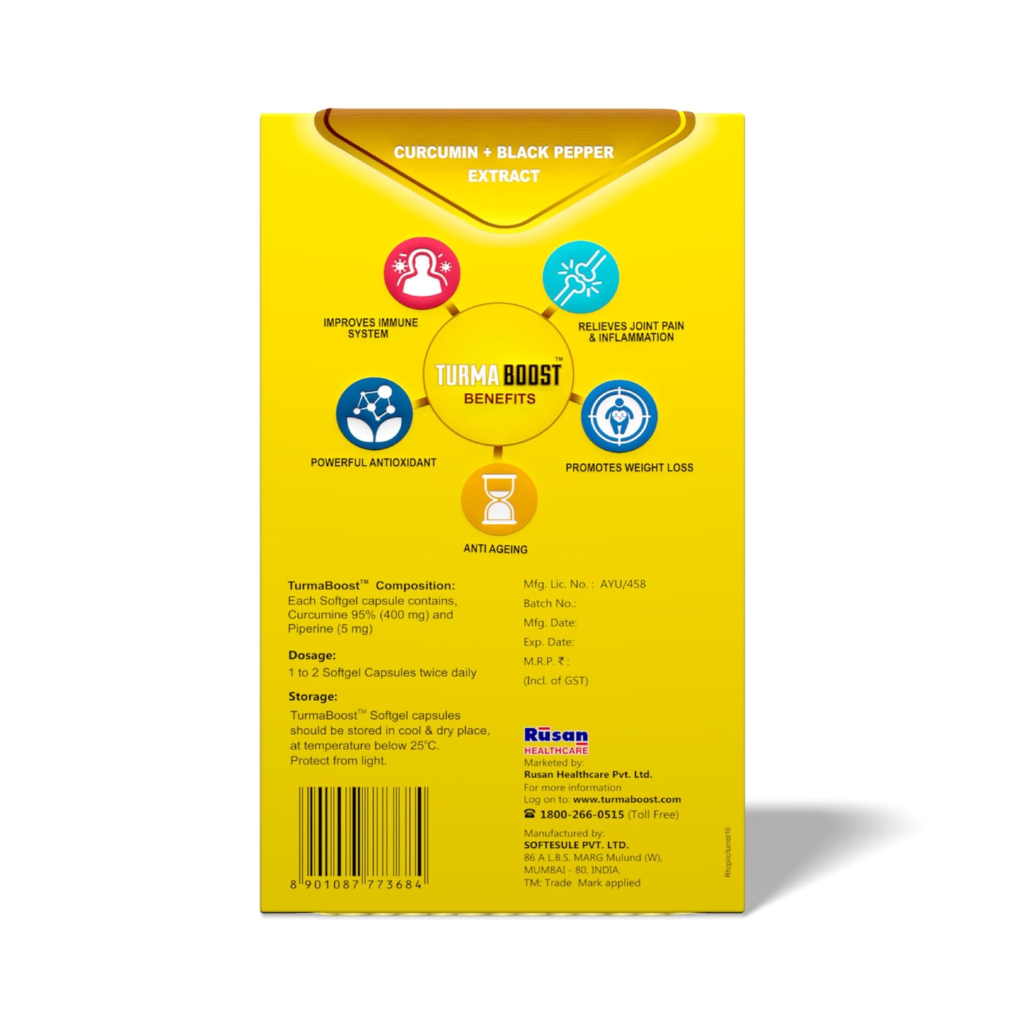 Rusan TURMA BOOST Curcumin 95% 400mg + Black Pepper Extract | 50 Capsules | Immunity & Joint Care | Anti-Inflammatory Support