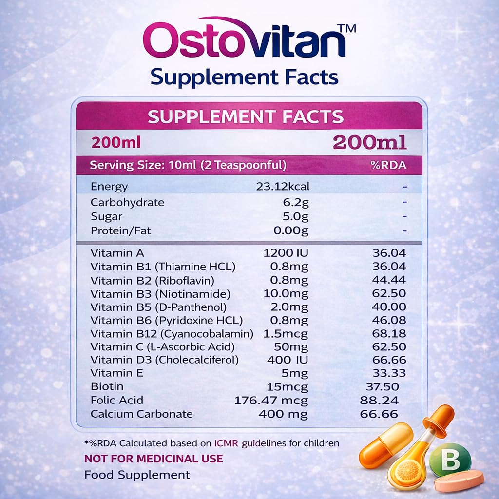 Ostovitan Calcium Carbonate & Multivitamin Suspension 200ml | With Vitamin D3, B12, A, C & E | Bone Health & Immunity Support | Health Supplement for Men & Women