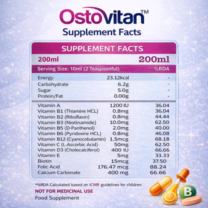 Ostovitan Calcium Carbonate & Multivitamin Suspension 200ml | With Vitamin D3, B12, A, C & E | Bone Health & Immunity Support | Health Supplement for Men & Women