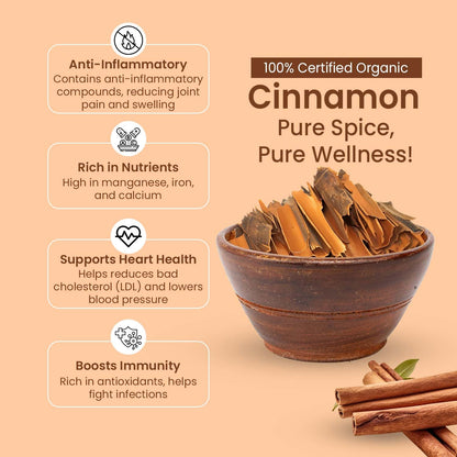 Pure Tree Certified Organic Dalchini Whole | 100 g | Cinnamon Stick | Cinnamon Bark | Spices Whole | Garam Masala | Sweet Aroma & Flavour