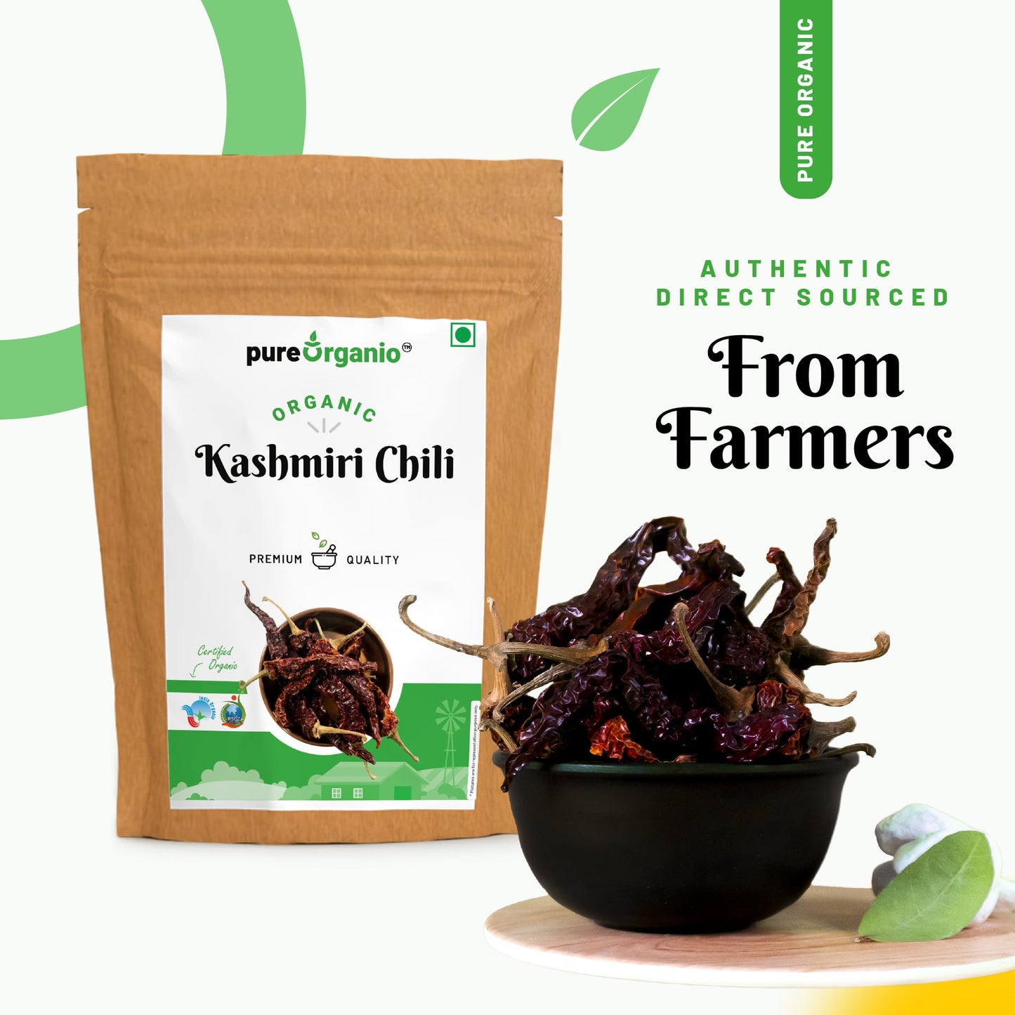 Pure Organio Organic Dried Kashmiri Chilli Whole (kashmiri Byadgi chilli) Authentic Sun Dried Lal Mirch Spice Mild Flavor (200 Gm)