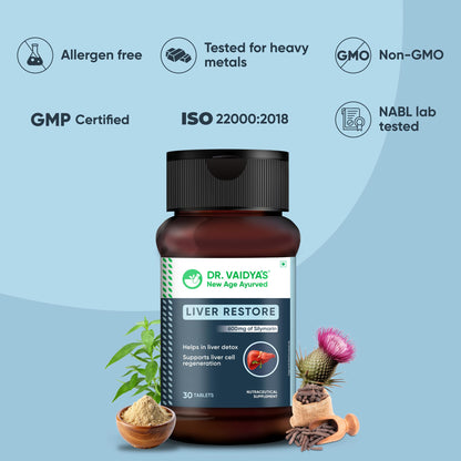Dr. Vaidya’s Liver Restore Tablets with Milk Thistle and Dandelion | 600mg Silymarin | Ayurvedic Liver Detox & Care Supplement | Supports Liver Health, Cleansing, Digestion & Metabolism | 30 Tablets, Pack of 1