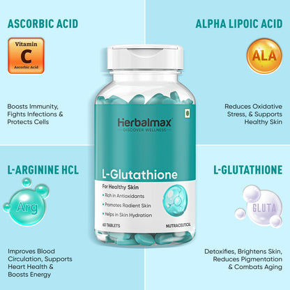 Herbal Max L-Glutathione Tablets for Skin Glow – 60 Tablets | With Vitamin C & Antioxidants | Supports Radiant & Healthy Skin | Unisex Supplement