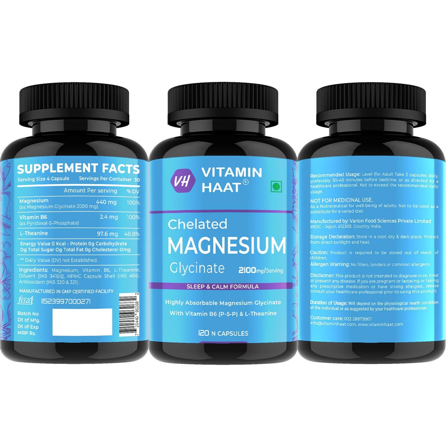 Magnesium Glycinate Supplement | Magnesium Supplement with Vitamin B6 and L-Theanine Supports Muscle Recovery & Better Sleep | 2100mg Per Serving | 120 Capsule by VitaminHaat