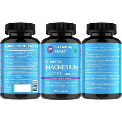 Magnesium Glycinate Supplement | Magnesium Supplement with Vitamin B6 and L-Theanine Supports Muscle Recovery & Better Sleep | 2100mg Per Serving | 120 Capsule by VitaminHaat