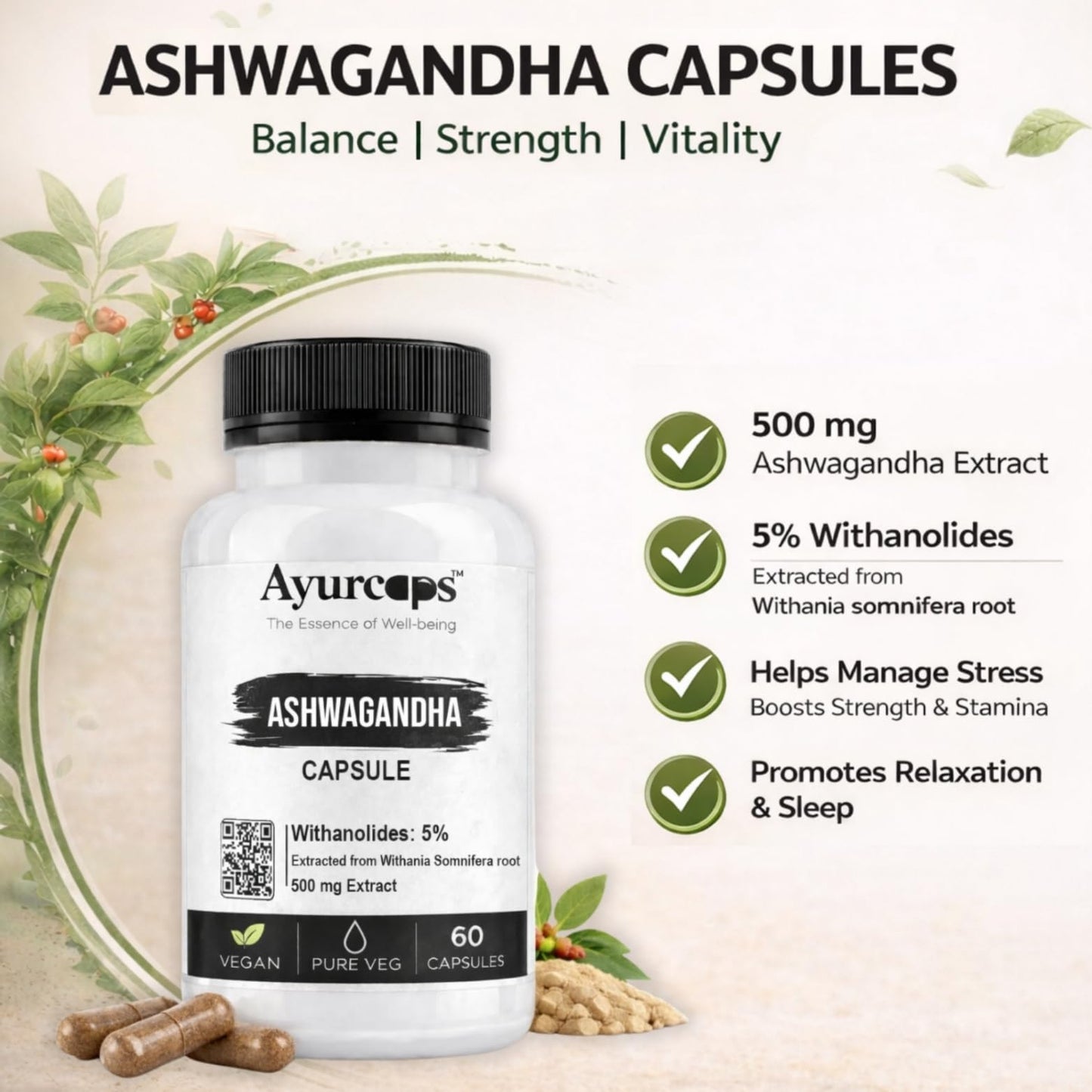 Ayurcaps Ashwagandha 60 Veg Capsules | Supports Stress Management And Natural Antioxidant| Boost Immunity, Energy And Vitality | Good For Mind And Body, No Preservatives (Pack of 1)