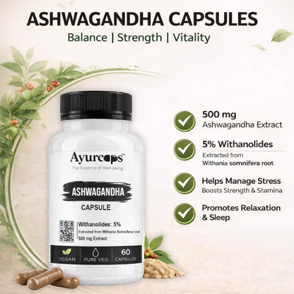 Ayurcaps Ashwagandha 60 Veg Capsules | Supports Stress Management And Natural Antioxidant| Boost Immunity, Energy And Vitality | Good For Mind And Body, No Preservatives (Pack of 1)