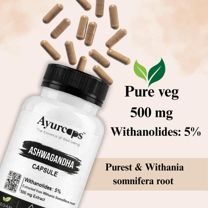 Ayurcaps Ashwagandha 60 Veg Capsules | Supports Stress Management And Natural Antioxidant| Boost Immunity, Energy And Vitality | Good For Mind And Body, No Preservatives (Pack of 1)