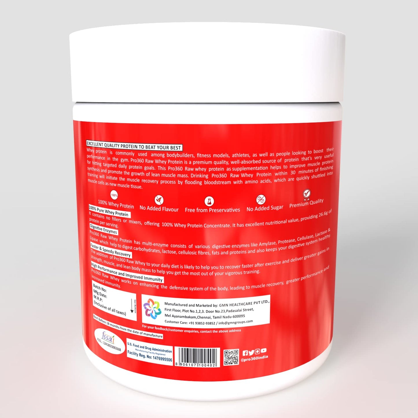 Pro360 Raw Whey Protein – Unflavoured, 250g, 26.6g Protein + 5.97g BCAA per Serving