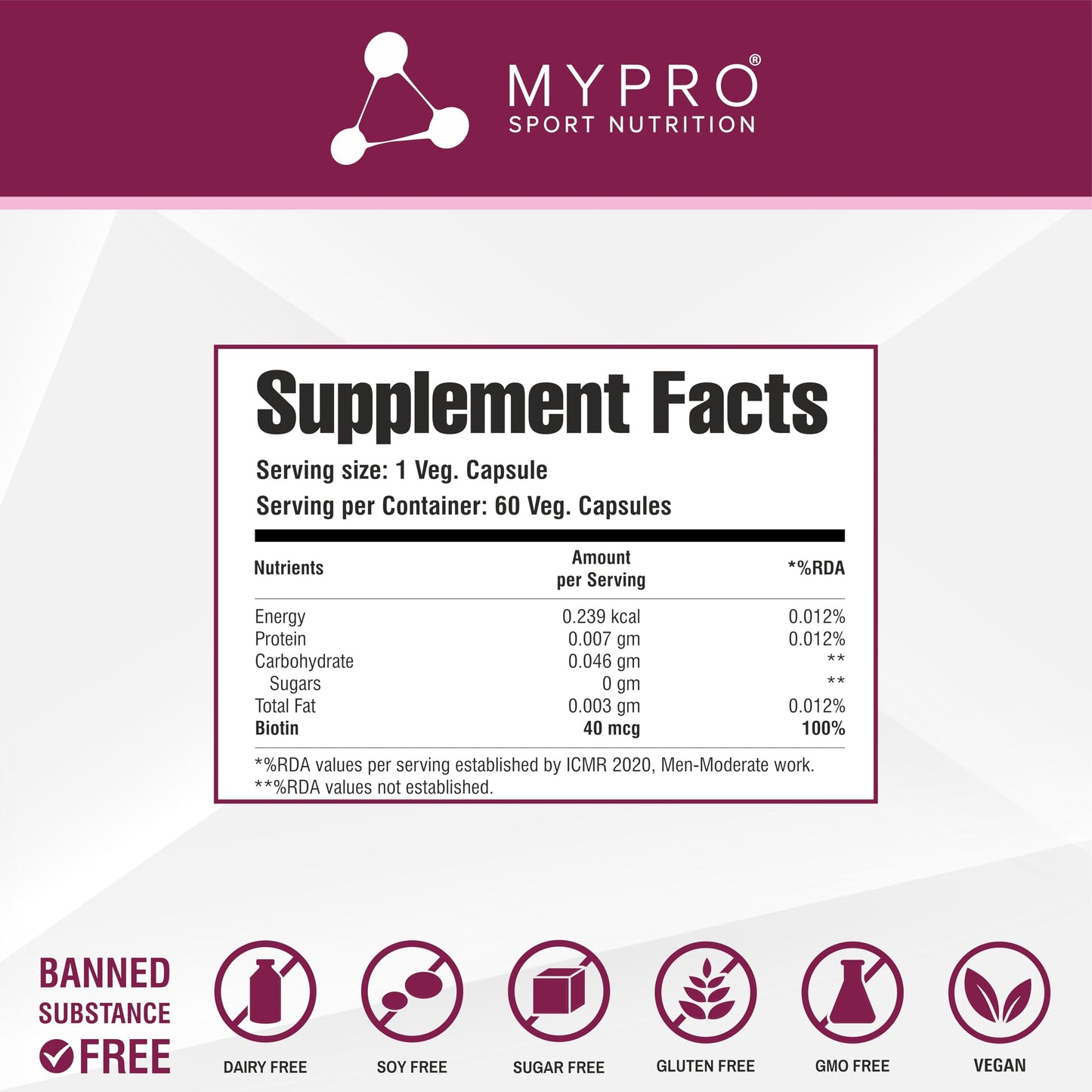 Mypro Sport Nutrition Biotin | Beauty Capsules | Promotes Healthy Hair | Skin & Nails |Helps Support Energy Metabolism | Helps Convert Food Into Energy For Men And Women -60 Capsules