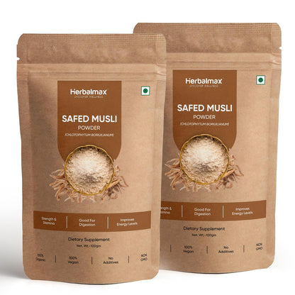 Herbal max Organic Safed Musli Root Powder | Ayurvedic Support for Vitality & Performance | Herbal Supplement | Strength & Stamina - 100 gm (Pack Of 2)