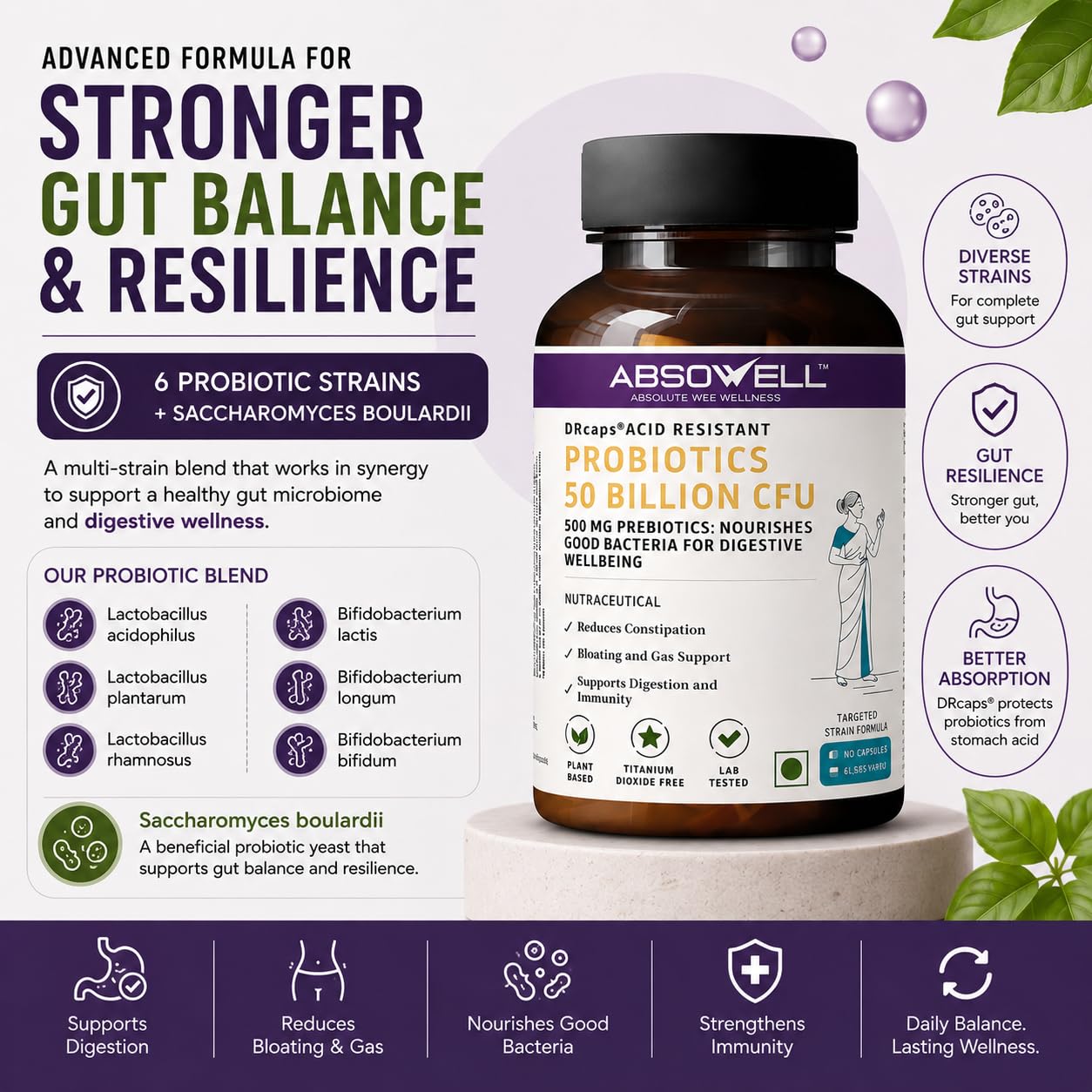 Absowell Probiotics 50 Billion CFU | 6 Strain Precision Probiotic Supplement with Lactobacillus rhamnosus GG & Saccharomyces boulardii | Supports Gut Health, Digestion & Bloating | Vegan Acid-Resistant DRcaps | 60 Capsules