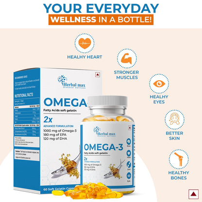 Herbal max Omega -3 Fish Oil Capsule - 60 Caps (1000mg Omega 3 with 180mg EPA & 120mg DHA)