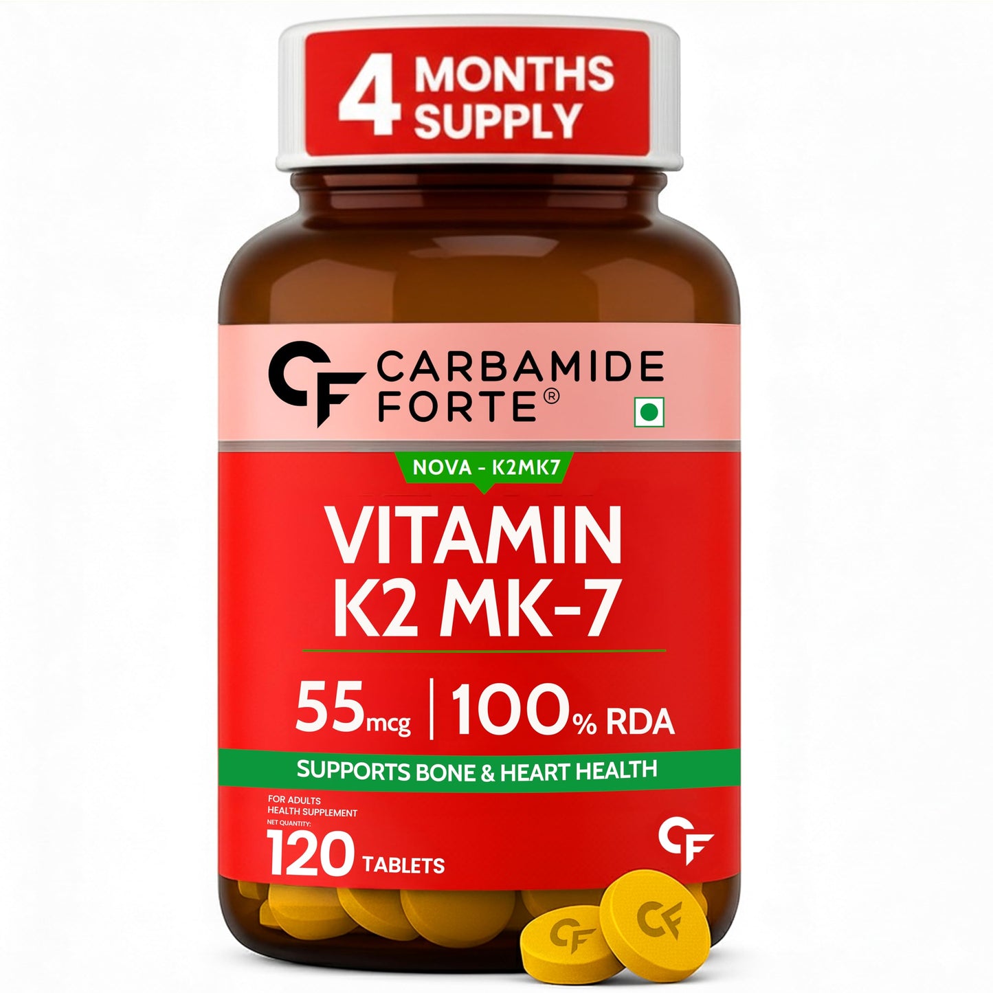 Carbamide Forte Vitamin K2 MK7 55 mcg | MK7 Form for Better Calcium Utilization | Vitamin K2 Supplement To Support Strong Bones & Heart Health for Men & Women | 120 Vegetarian Tablets