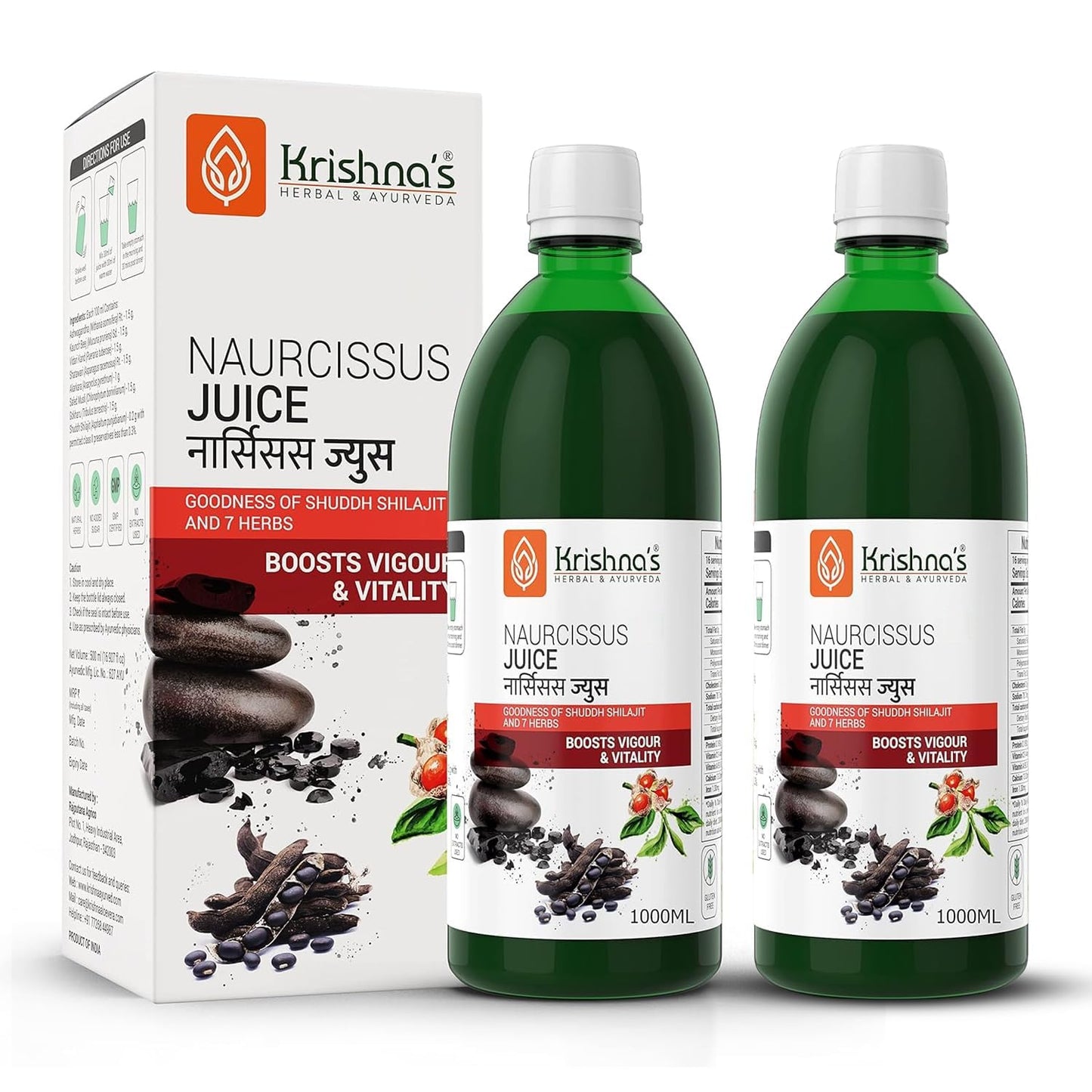 Krishna's Naurcissus Juice - 1000 ml | Ayurvedic ingredients Ashwagandha, Kaunch Beej, Vidari Kand, Shatawari, Akarkara, Safed Musli, Gokhru Etc | Helps in boosting Stamina - (Pack of 2)