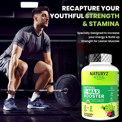 Naturyz VEDA Natural T-MAX Booster with 8 Ayurvedic Herbs | Highest Strength Shilajit | Safed Musli | Kaunch | Ashwagandha | Gokshura | Ginseng | High absorption | Original Shilajeet Improves Strength, Stamina, Endurance, Energy & Muscle Mass for Men & Wo