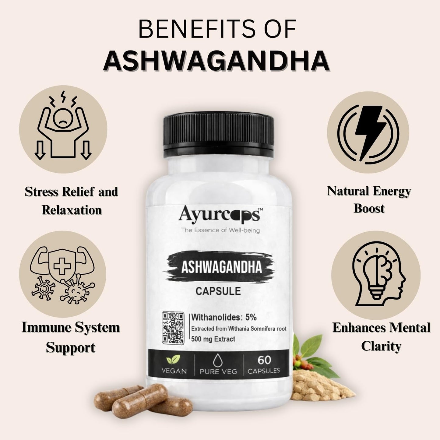 Ayurcaps Ashwagandha 60 Veg Capsules | Supports Stress Management And Natural Antioxidant| Boost Immunity, Energy And Vitality | Good For Mind And Body, No Preservatives (Pack of 1)