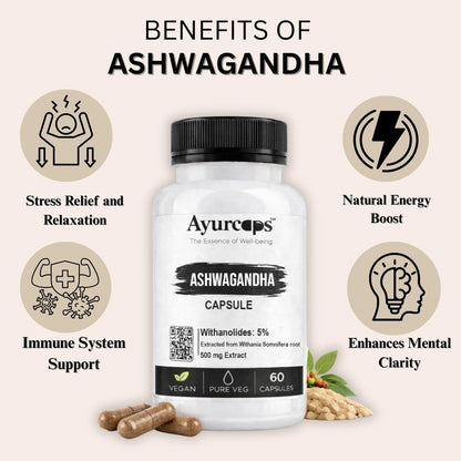 Ayurcaps Ashwagandha 60 Veg Capsules | Supports Stress Management And Natural Antioxidant| Boost Immunity, Energy And Vitality | Good For Mind And Body, No Preservatives (Pack of 1)