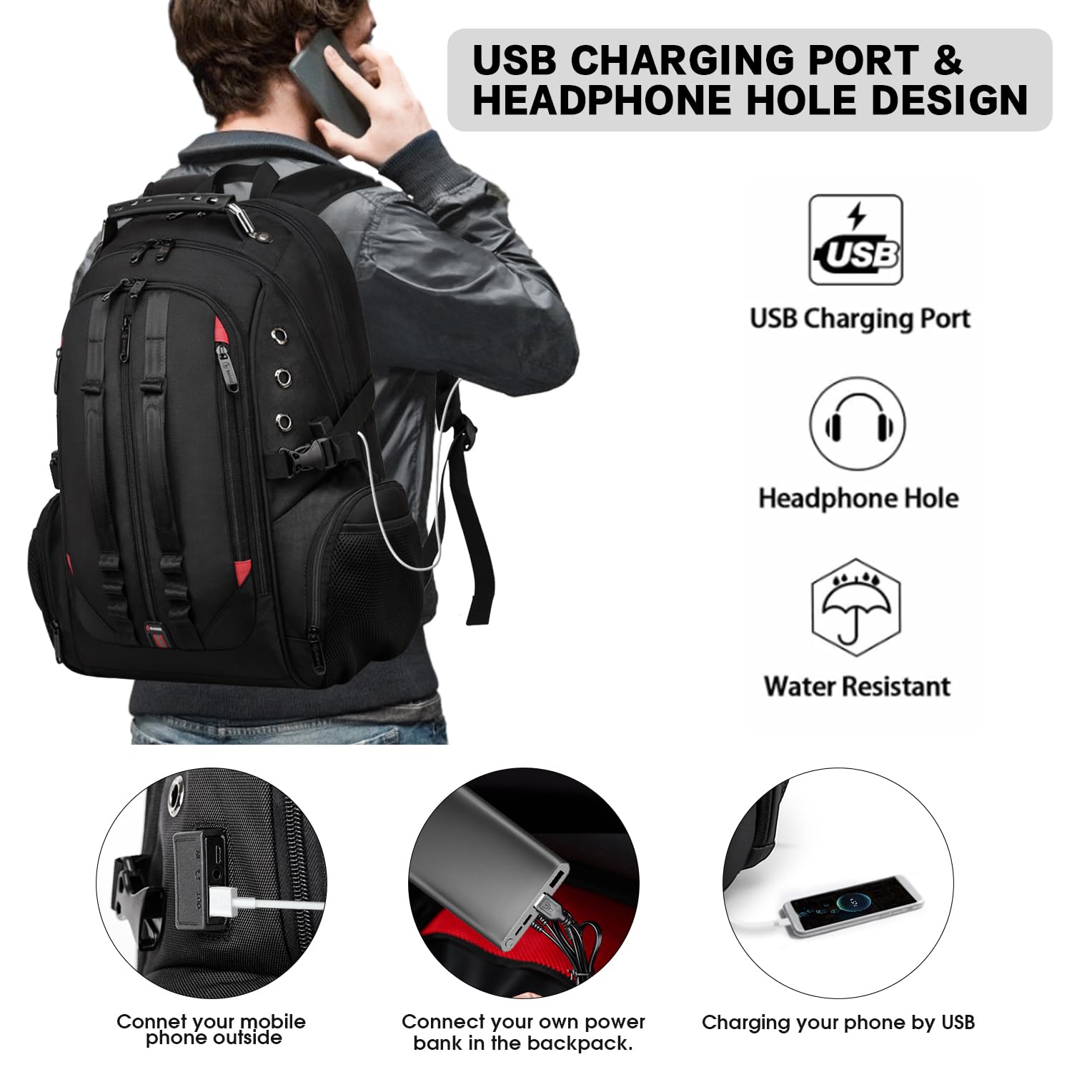 BANGE Backpack with USB Charging Port (1901_Black)- image 6
