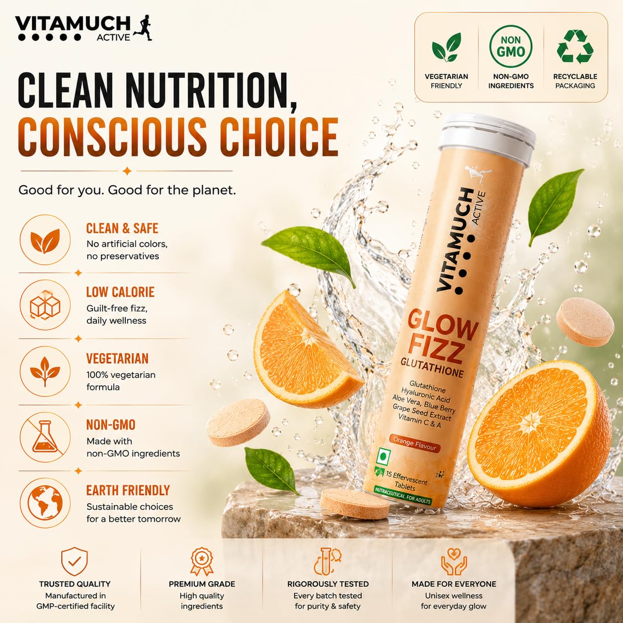 Vitamuch Glow Fizz | Glutathione Effervescent Tablets for Skin Brightening & Anti-Aging | With Hyaluronic Acid & Vitamin C | Drop, Fizz & Drink Formula | (15 Days(Pack of 1), Orange)