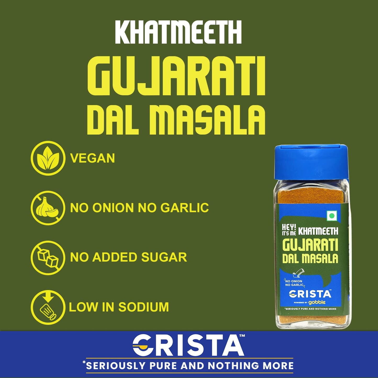 CRISTA KhatMeeth Gujarati Dal Masala Blend | No Onion | No Garlic | Vegan | Low in Sodium | Zero added Colours, Fillers, Additives & Preservatives | 50 gms
