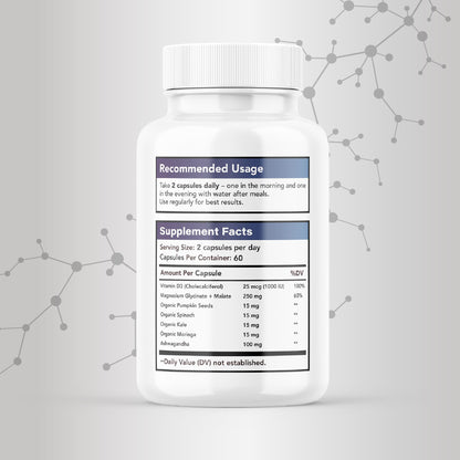 Sukham Magnesium Glycinate + Malate Capsules | 60 caps - 30 days | High Absorption Supplement | Helps with Better Sleep, Muscle & Bone Health | With Ashwagandha and Vitamin D3 | For Men & Women