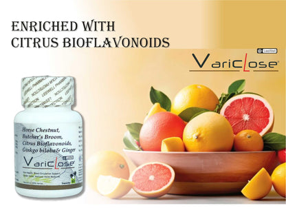 Variclose Vein Support for Vericose Veins, Spider Veins, Vascular Health, Restless Legs Micro Circulation | Citrus Bioflavonoids, Horse Chestnut Extract, Butchers broom, Gingko Biloba, Ginger extract - 60 Capsules