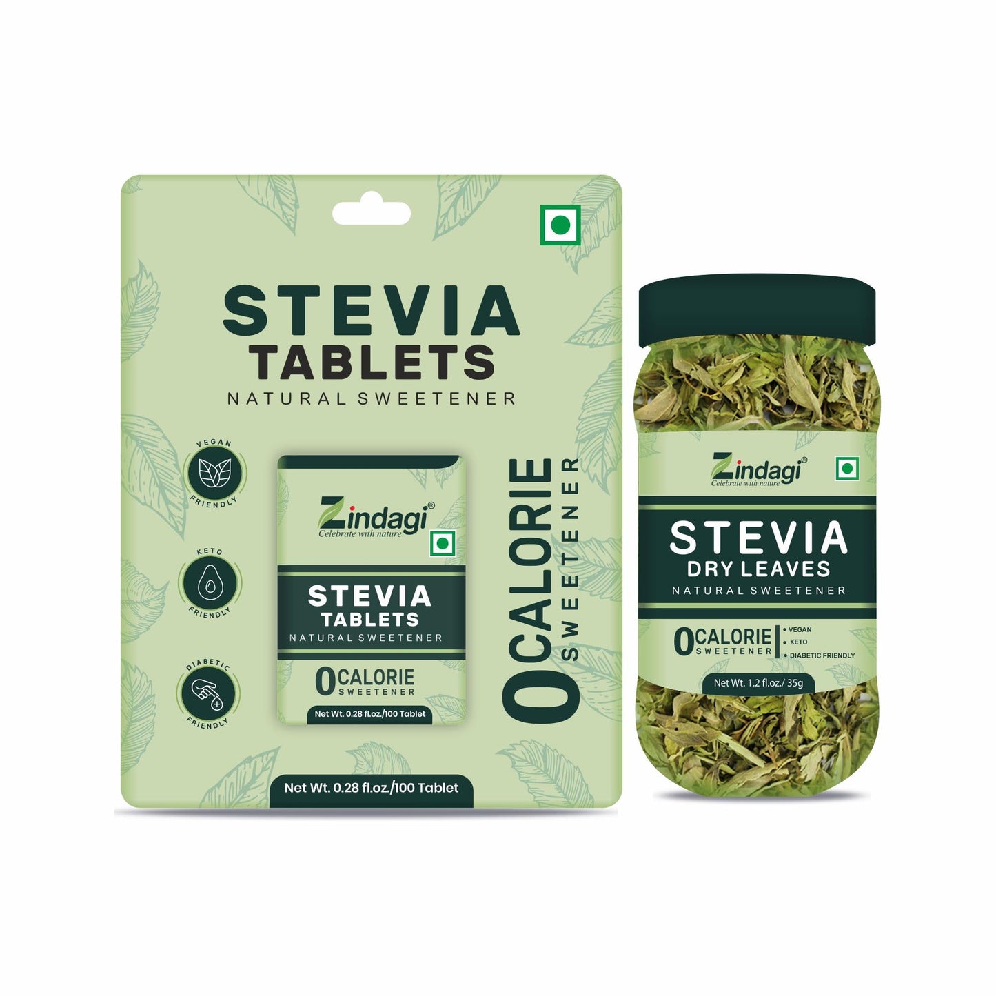 Zindagi Stevia Tablest & Stevia Leaves 35g – 100% Natural Stevia Sugar-Free Tablets, Zero Calorie Sweetener (Combo Pack)