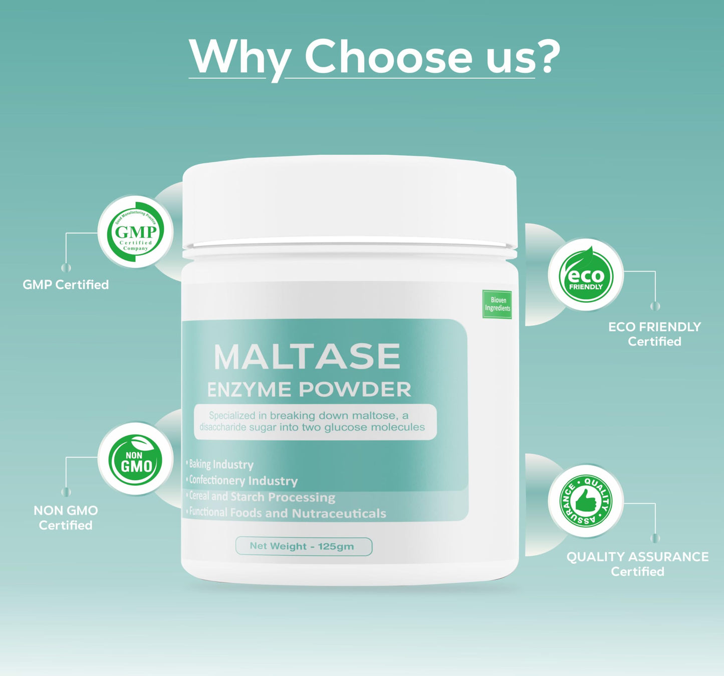Bioven Ingredients Maltase Enzyme Powder, Non-GMO, Dietary Supplements/Food and Beverages, Broad pH Range of Activity, Excellent Thermostability, Hydrolyse Glucans, No Filters/Binder