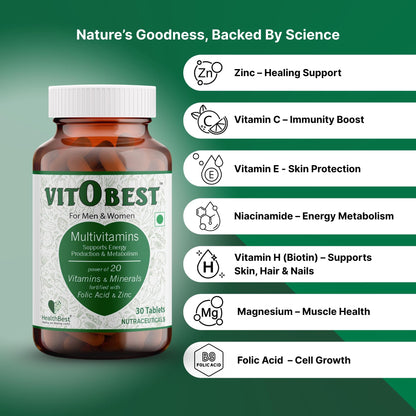 HealthBest Multivitamin Tablets for Men & Women, 30 Count – Energy, Immunity & Wellness Support with Vitamin C, D3, Zinc, B12