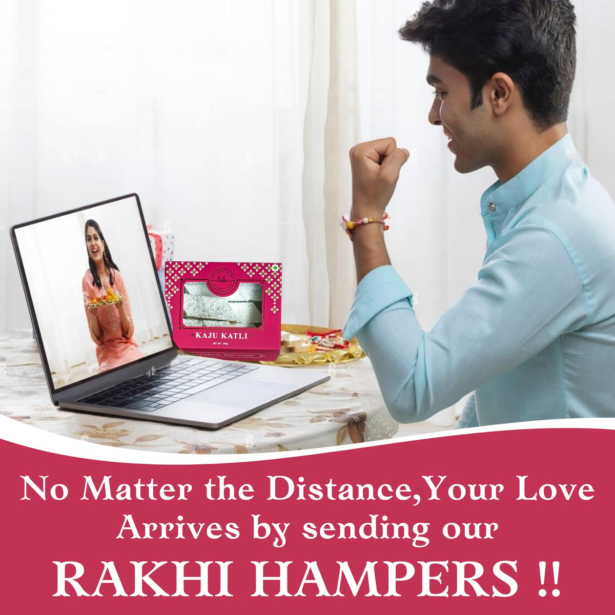 THE SWEET BLEND Raksha Bandhan - Rakhi Gift Hamper 700g Soan Papdi & Kaju Katli with Red Kundan Rakhi | Traditional Indian Mithai & Designer Rakhi Combo