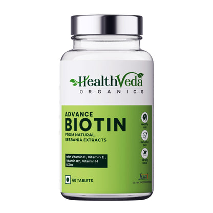 Health Veda Organics Advanced Biotin Tablets | Boosts Keratin Production & Improves Hair Thickness with Natural Sesbania Agati Leaf Extract | Hair Vitamins (Biotin, Vitamin E & Copper) for Healthy Hair, Skin & Nails | For Both Men & Women (60 Tablets)