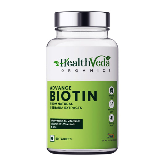 Health Veda Organics Advanced Biotin Tablets | Boosts Keratin Production & Improves Hair Thickness with Natural Sesbania Agati Leaf Extract | Hair Vitamins (Biotin, Vitamin E & Copper) for Healthy Hair, Skin & Nails | For Both Men & Women (60 Tablets)