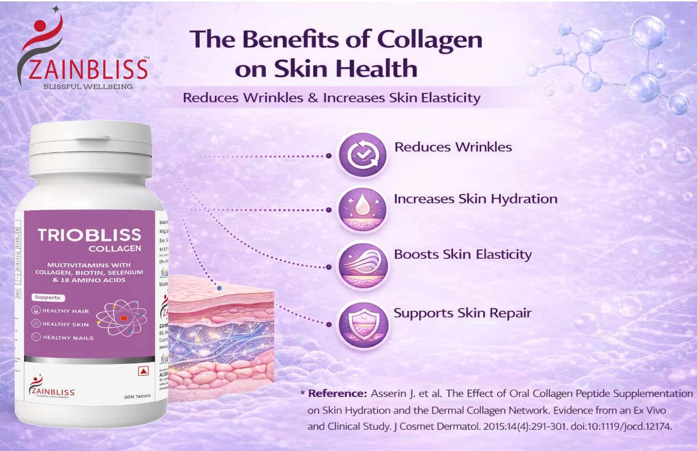 Triobliss Collagen Tablets for Skin, Hair & Nails | Multivitamins with Collagen, Biotin, 18 Amino Acids, Selenium & Zinc | For Women & Men | 30 Tablets