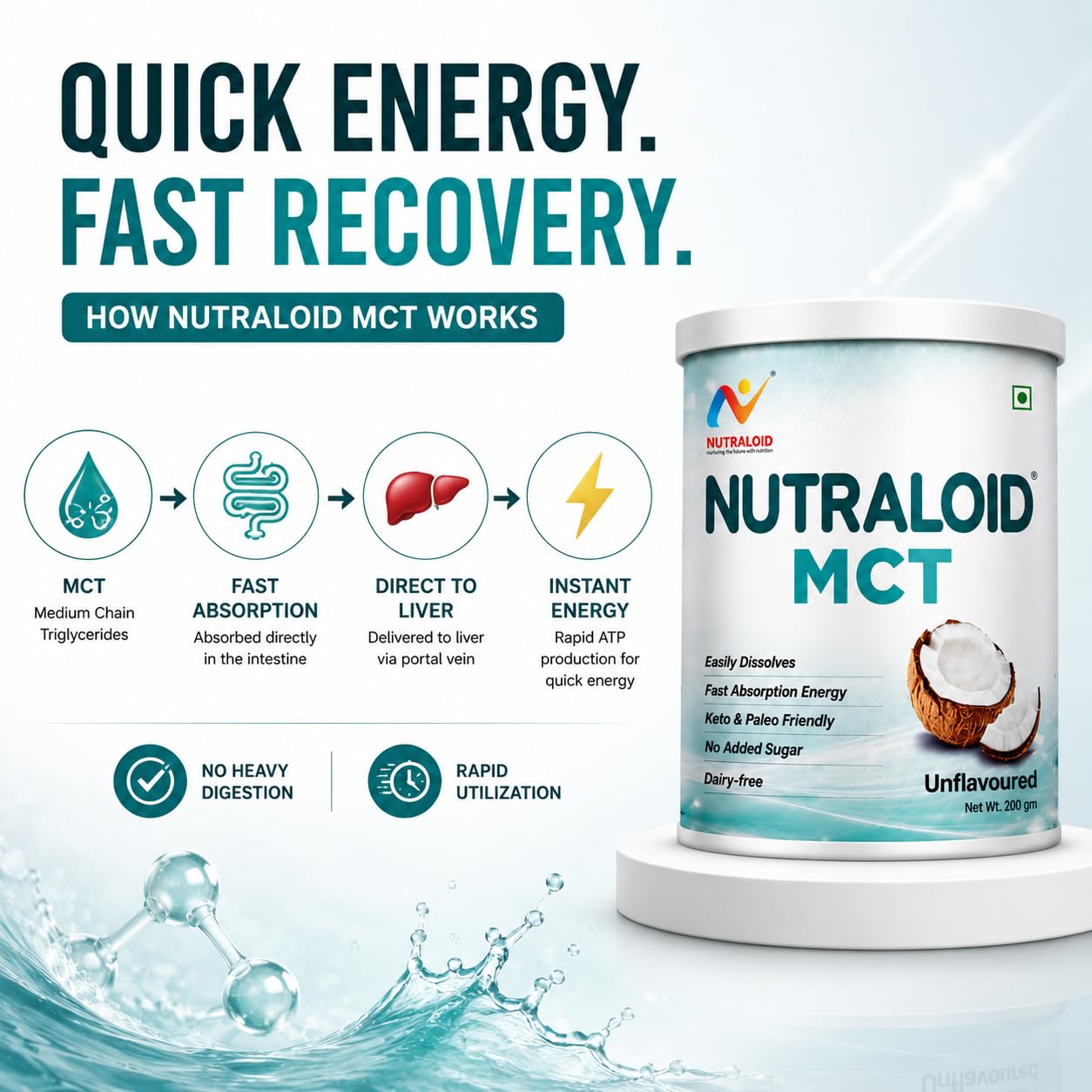 NUTRALOID MCT Powder 200g | Medium Chain Triglycerides Supplement for Instant Energy | Keto & Paleo Friendly | No Added Sugar | Dairy Free | Unflavoured Coconut MCT Powder