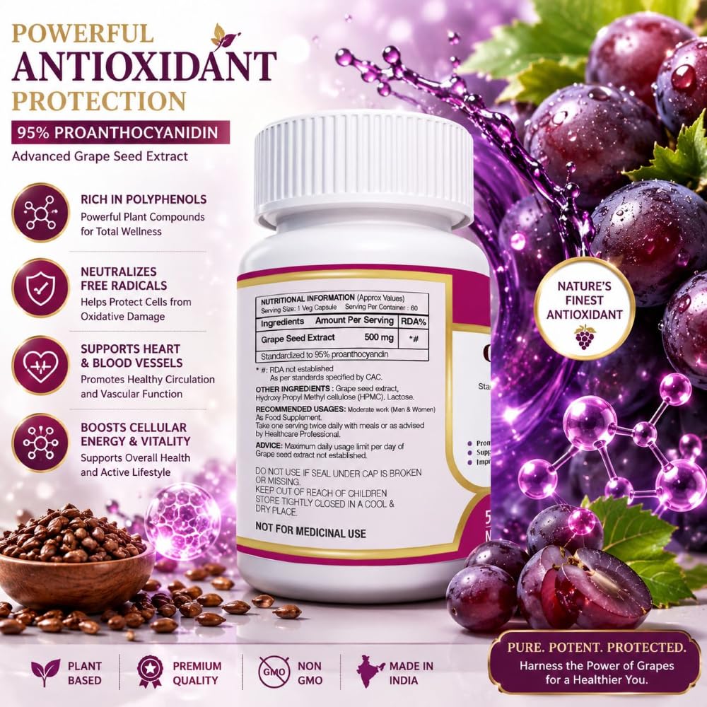 ANJIX Grapes Seed Extract 500mg Capsules, Antioxidant Supplement, Promote Healthy Hair And Skin And Good Health, Healthy Cholesterol Level, Boost Immunity, 60 Veg capsules