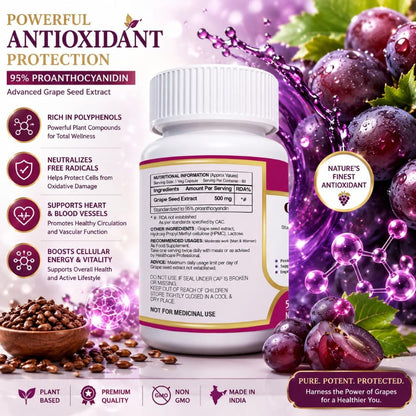 ANJIX Grapes Seed Extract 500mg Capsules, Antioxidant Supplement, Promote Healthy Hair And Skin And Good Health, Healthy Cholesterol Level, Boost Immunity, 60 Veg capsules