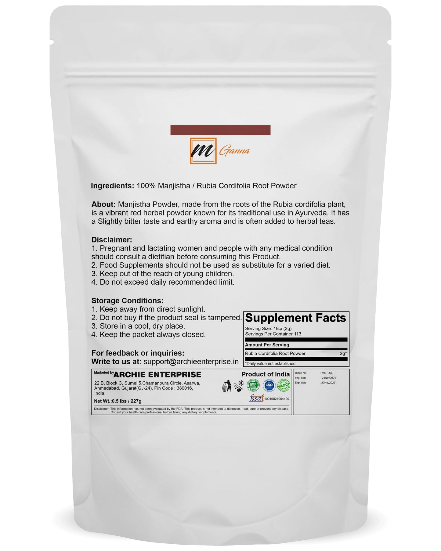 mGanna Manjistha Powder/Rubia Cordifolia/Madder Root Powder for Smooth Hair, Skin & Health Care 227gm / 0.5lbs