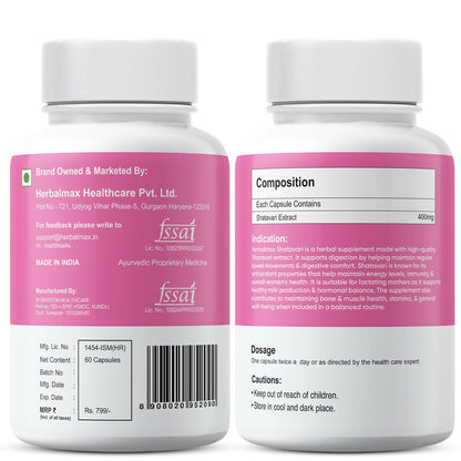 Herbalmax Shatavari 400 mg 60 Veg Capsules Pack of 3 – Ayurvedic Supplement for Women’s Health & Hormone Balance, Rich in Antioxidants, Boosts Immunity & Supports Bone & Muscle Strength