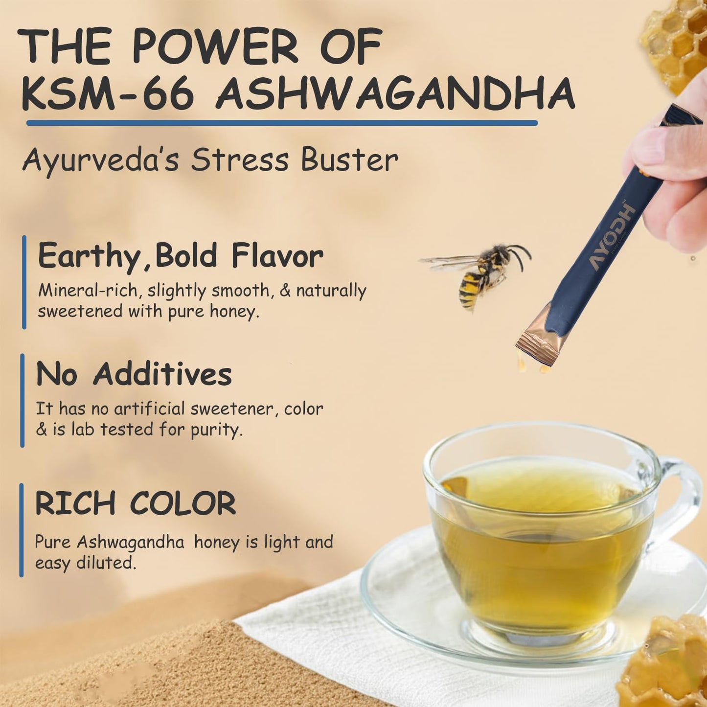 AYODH Ashwagandha Honey Sticks KSM 66 Ashwagandha Vanilla Syrup Raw Honey for Women Men Supports Relaxation Stamina Immunity Calmness 30 Sticks | Pack of 2