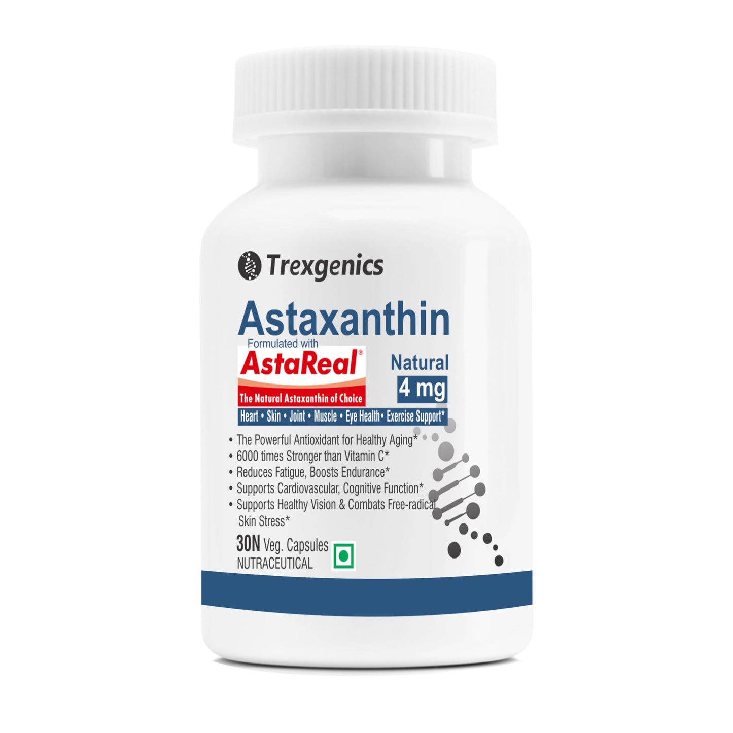 Trexgenics ASTAREAL Natural ASTAXANTHIN 4 mg from Japan (from 100 mg extract) Heart, Skin,Joint, Muscle, Eye, Exercise Support (30 Veg. Capsules) (30 Veg Capsules)