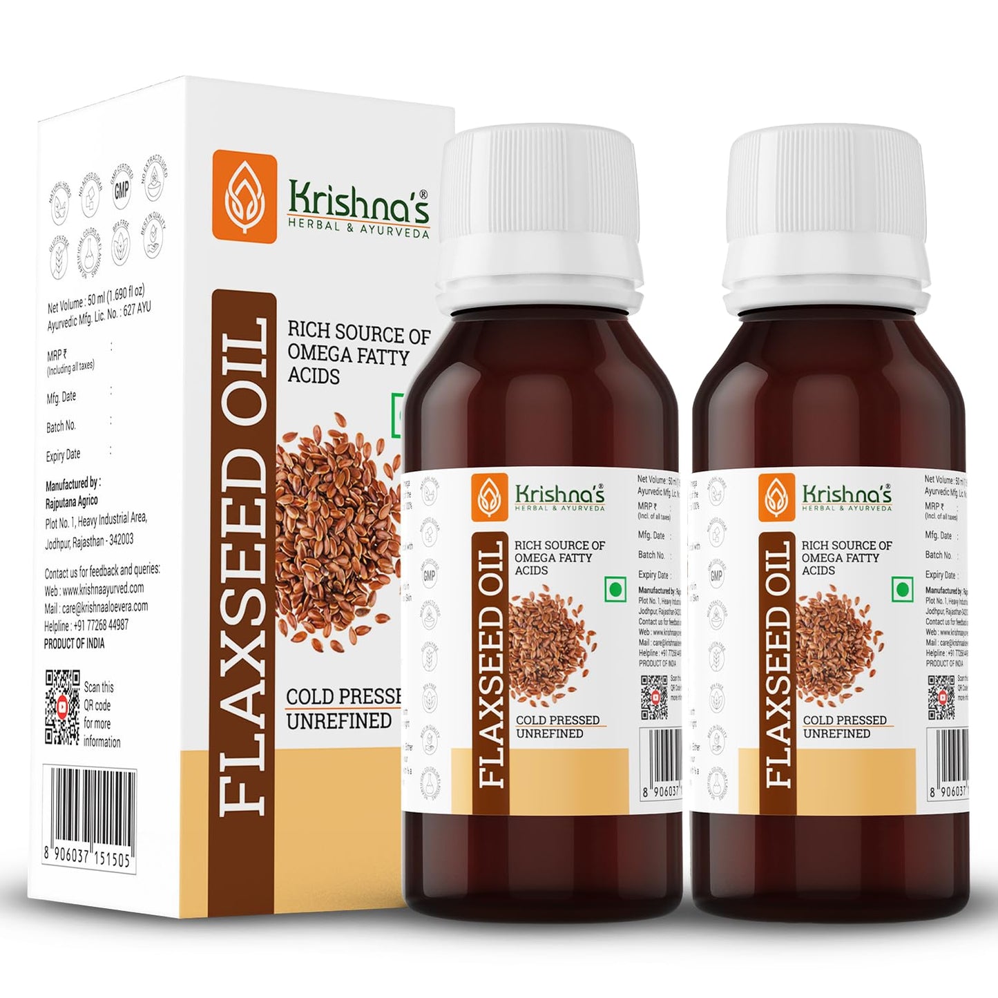Krishna's Flaxseed Oil (50 ml)(Pack of 2) | Virgin Cold Pressed Flex seed oil | Rich in Omega 3-6-9 | Made in Kachi Ghani