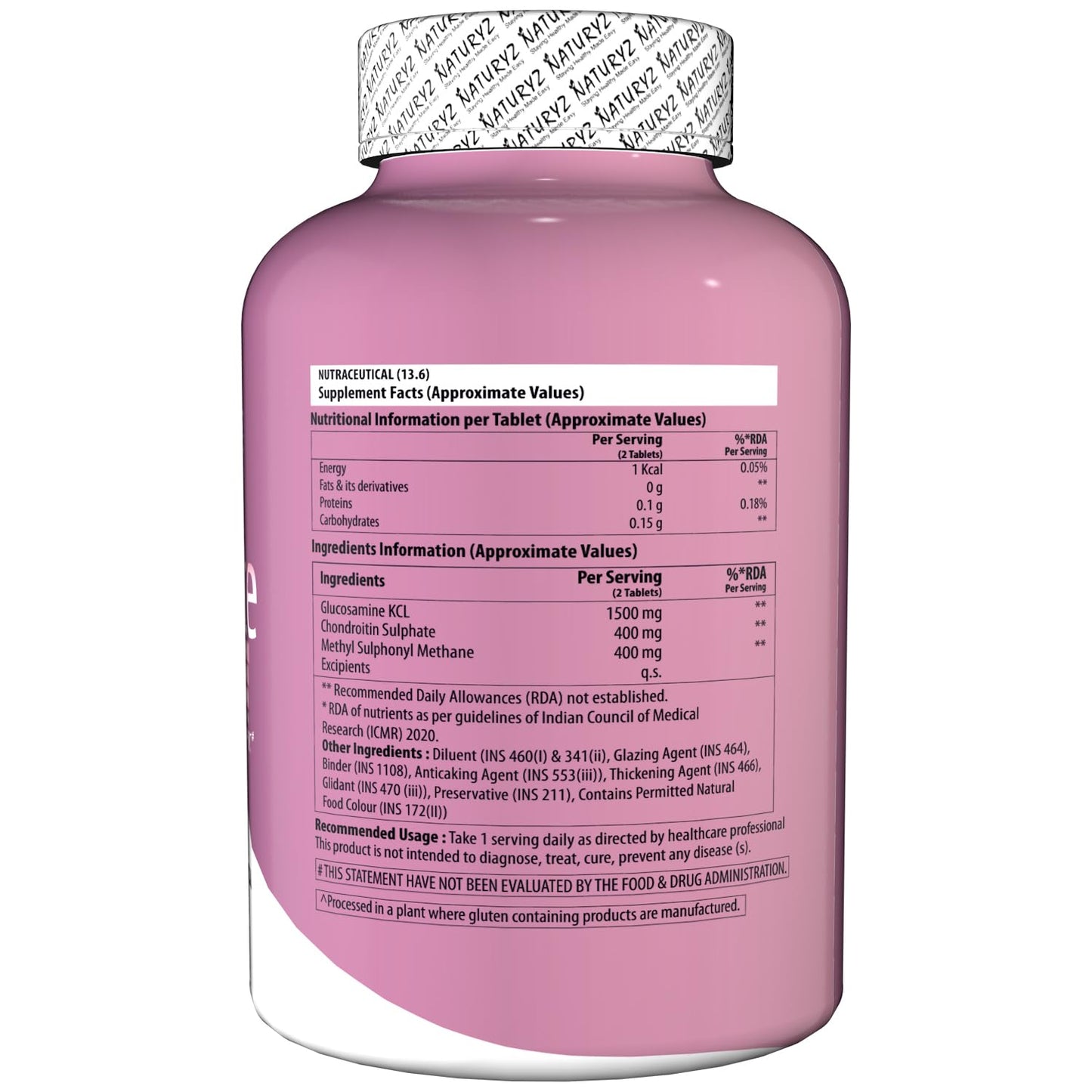 Naturyz - 1500mg Glucosamine, 400mg Chondroitin and 400mg MSM Per Serving for Cartilage Jointe Maximum Strength - 60 Tablets