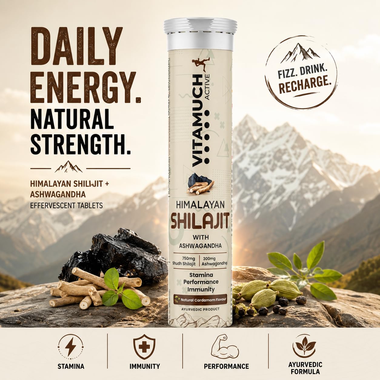 Vitamuch Shilajit Effervescent Tablets with Ashwagandha Gokshura Safed Musli | Cardamom Flavour | Daily Wellness Drink Tablets | 30 Tablets Pack of 2