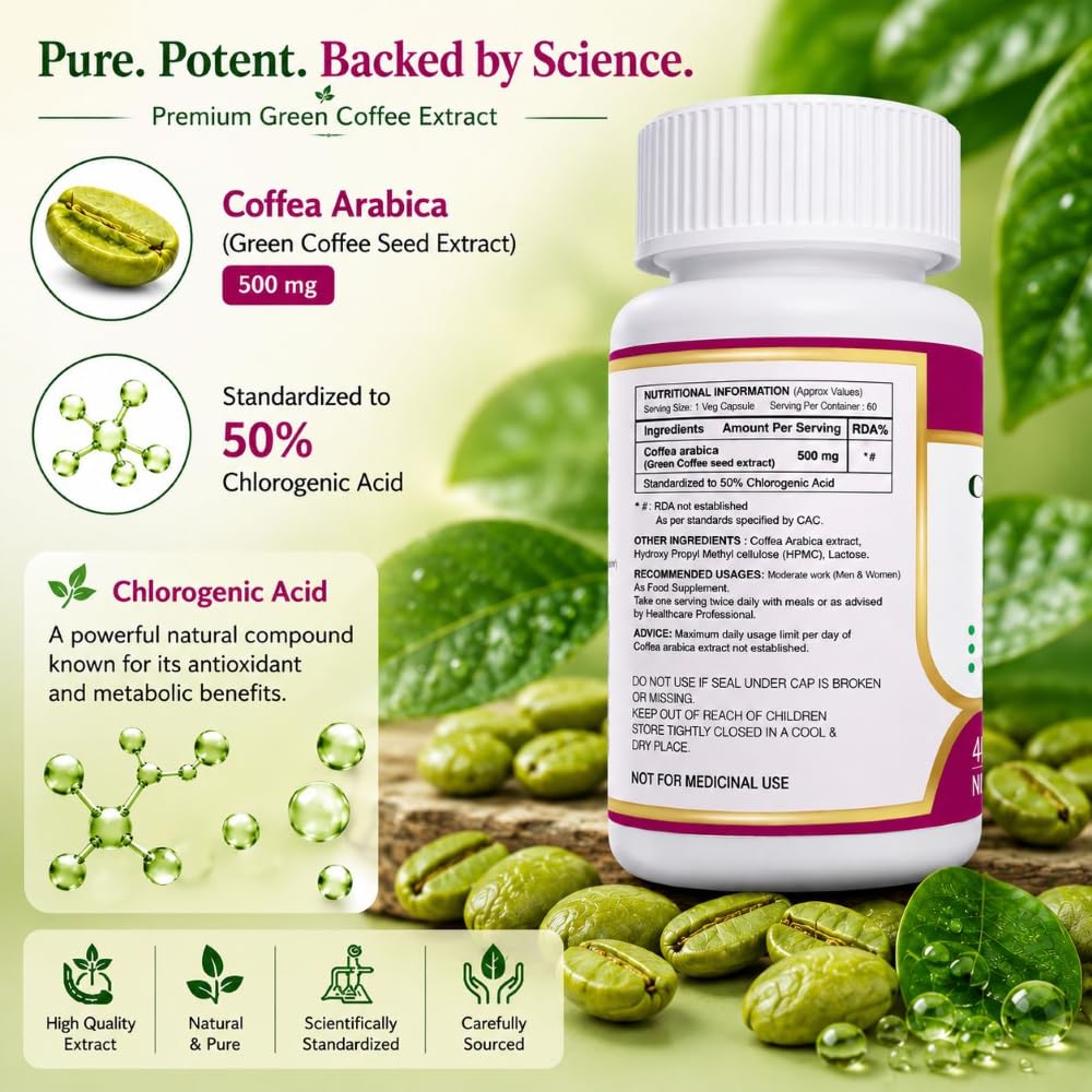 Anjix Green Coffee Bean Extract Capsules | Natural Metabolism Support Supplement | Supports Weight Management & Energy | Vegetarian Capsules | 60 Veg Caps