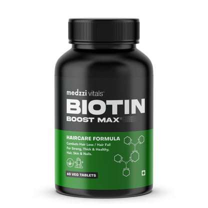 Medzzi Vitals Biotin Boost Max | Biotin for Hair Growth | Multivitamin Supplement for Strong Hair and Glowing Skin, Fights Nail Brittleness| For Both Men & Women| 60 Veg