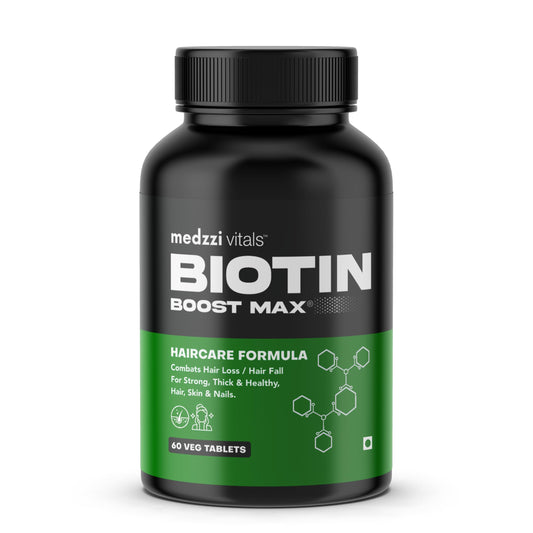 Medzzi Vitals Biotin Boost Max | Biotin for Hair Growth | Multivitamin Supplement for Strong Hair and Glowing Skin, Fights Nail Brittleness| For Both Men & Women| 60 Veg