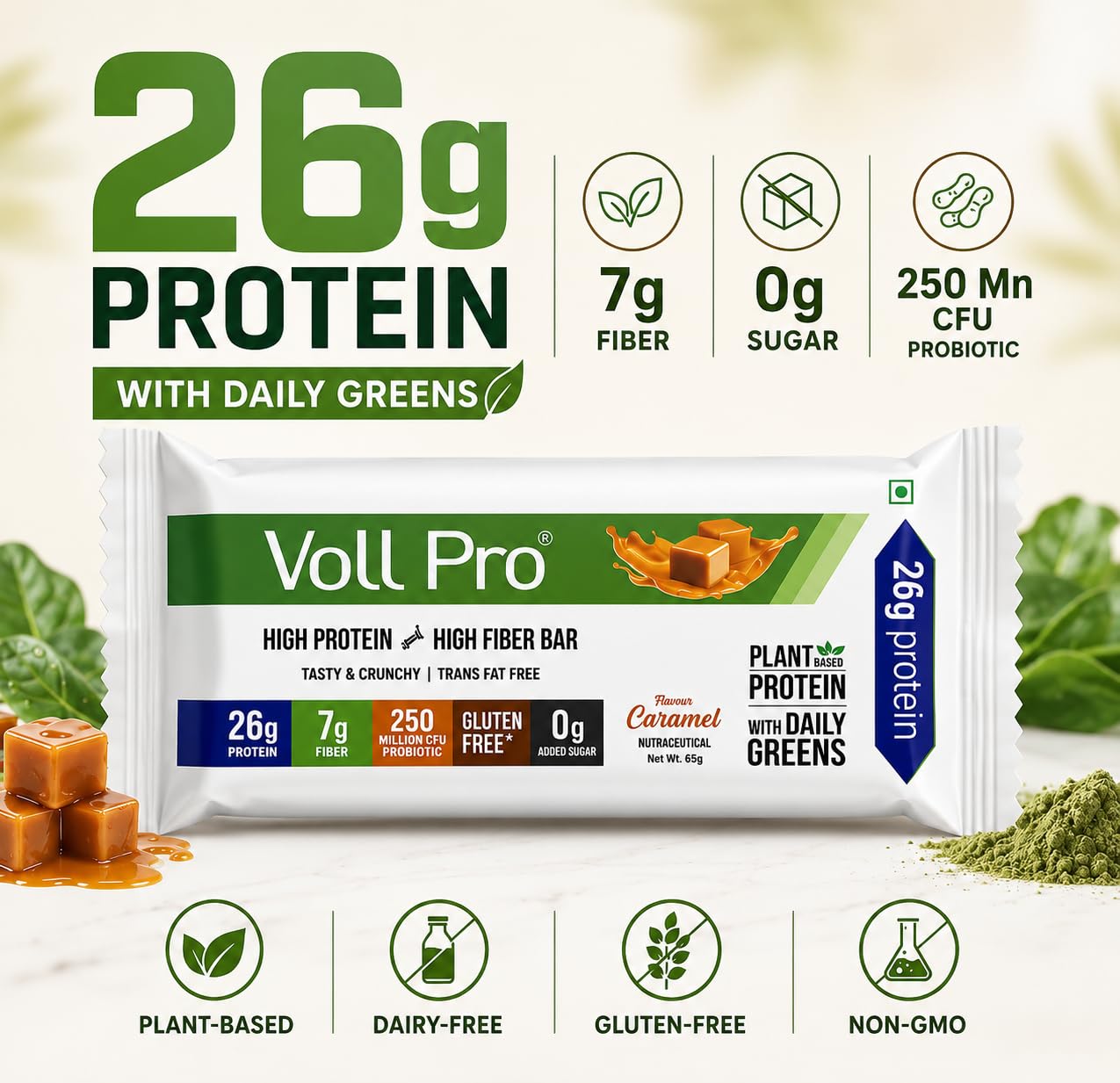 Voll Pro Plant Protein Bar with Daily Greens - High Protein 26g, Fiber 7g, 0g Sugar - Crunchy, Delicious Nutrient-Rich Protein Bars, 65g Bar (Pack of 3)